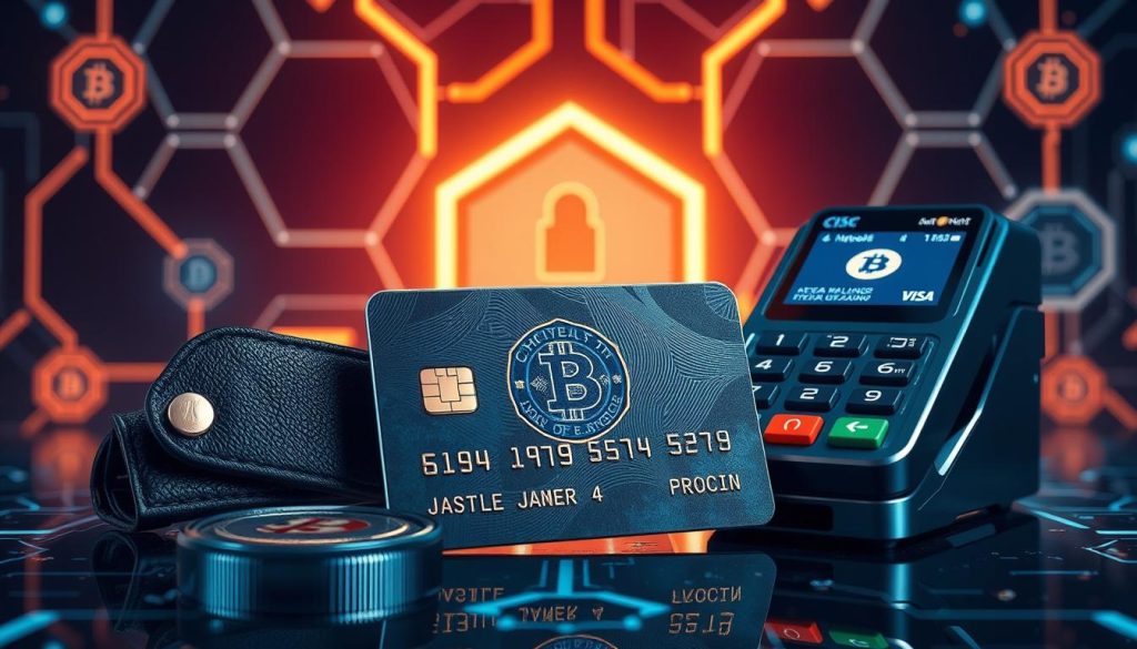 A detailed view of various cryptocurrency payment options, including a sleek digital wallet, a credit card with a cryptocurrency logo, and a futuristic payment terminal set against a backdrop of a secure blockchain network with hexagonal patterns and data streams. The image exudes a sense of modern, efficient, and trustworthy cryptocurrency transactions, conveying the idea of a seamless and safe payment experience.