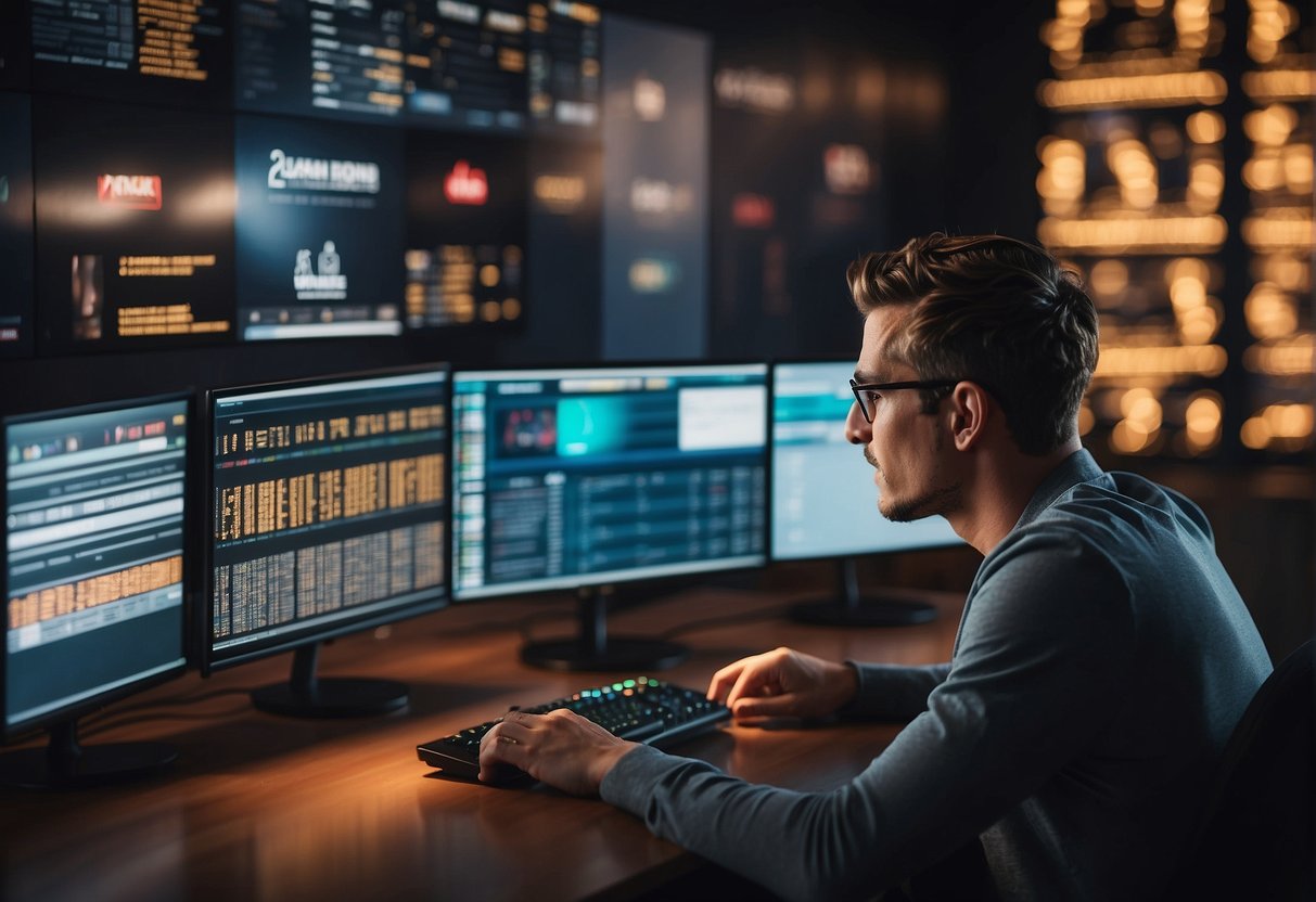 A person researching VPN options for sports betting, surrounded by computer screens showing different VPN providers and sports betting websites